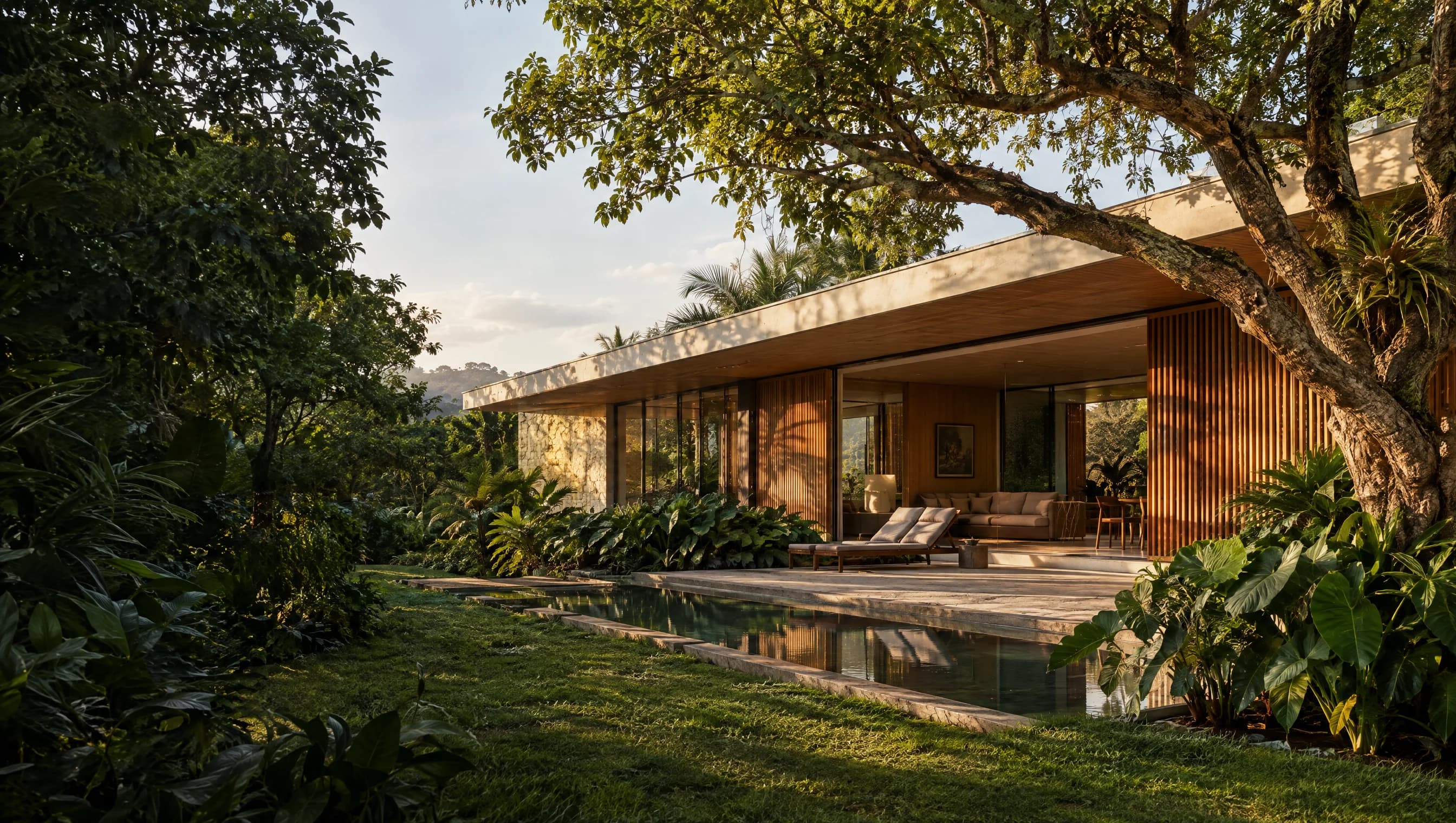 Casa contemporânea brasileira cercada por um jardim tropical